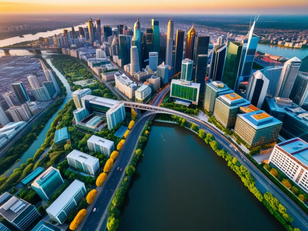 Una impresionante vista aérea de una ciudad vibrante capturada por un drone profesional