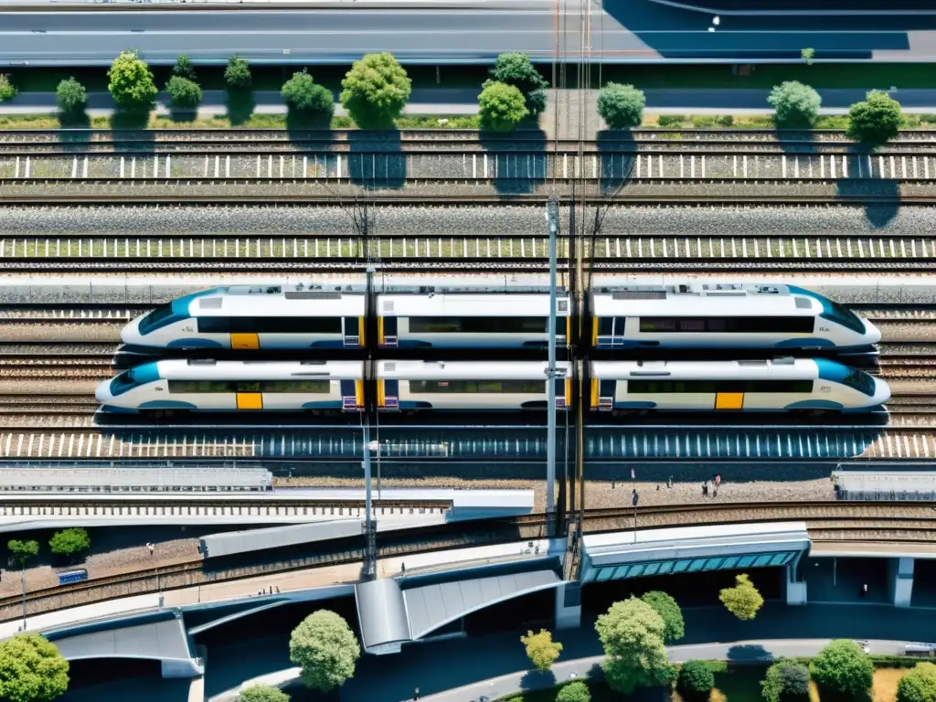 Una impresionante vista aérea de una estación de tren europea, mostrando la compleja red de vías, trenes, pasajeros y personal