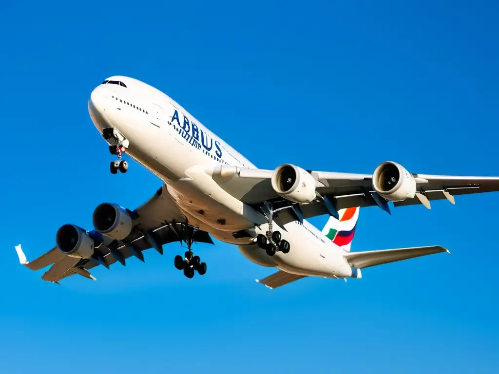 Un increíble Airbus A380 surca el cielo azul, destacando su envergadura y detalles