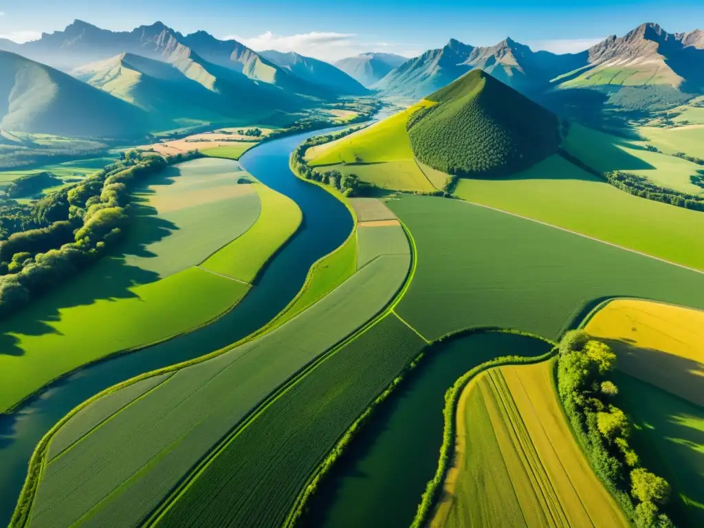 Increíble vista aérea de paisaje natural con campos verdes, ríos y montañas