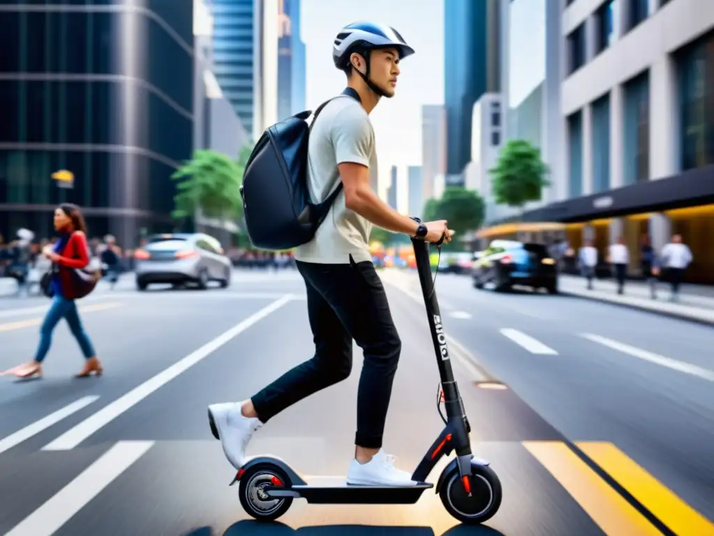 Un individuo recorre la ciudad en un scooter eléctrico plegable, capturando la movilidad urbana moderna y práctica