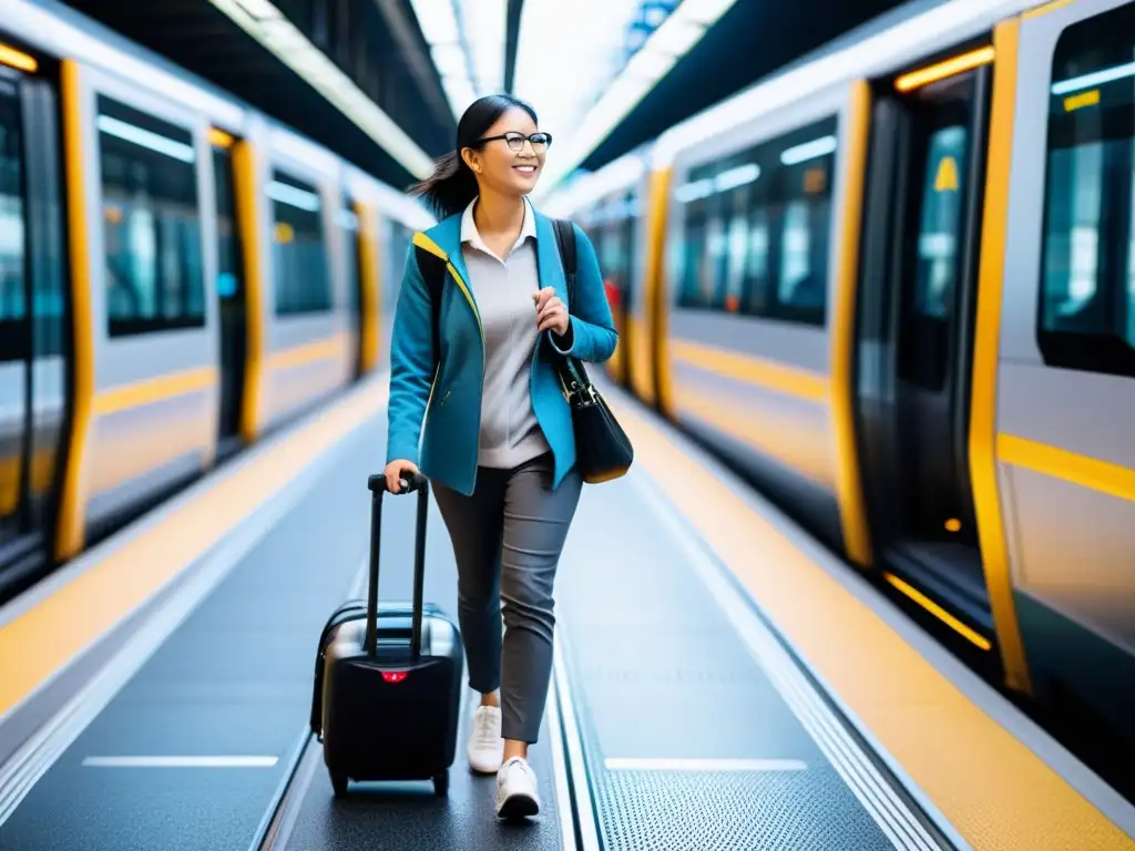 Un individuo con discapacidad visual navega con confianza un sistema de transporte público avanzado, destacando avances en sistemas de transporte inclusivos