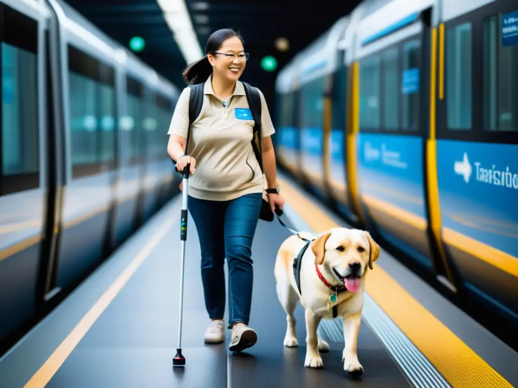 Un individuo con discapacidad visual navega con confianza un sistema de transporte inclusivo, resaltando los avances en sistemas de transporte inclusivos