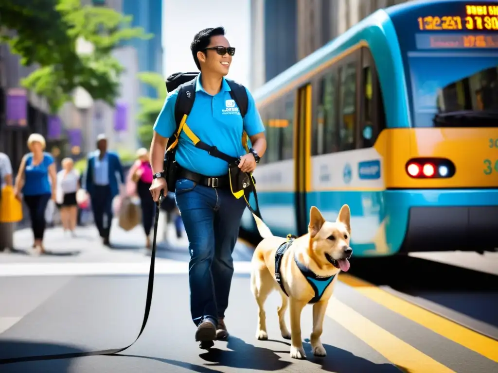 Un individuo con discapacidad visual y su perro guía navegan con confianza por una concurrida calle de la ciudad, con un vehículo de transporte público al fondo