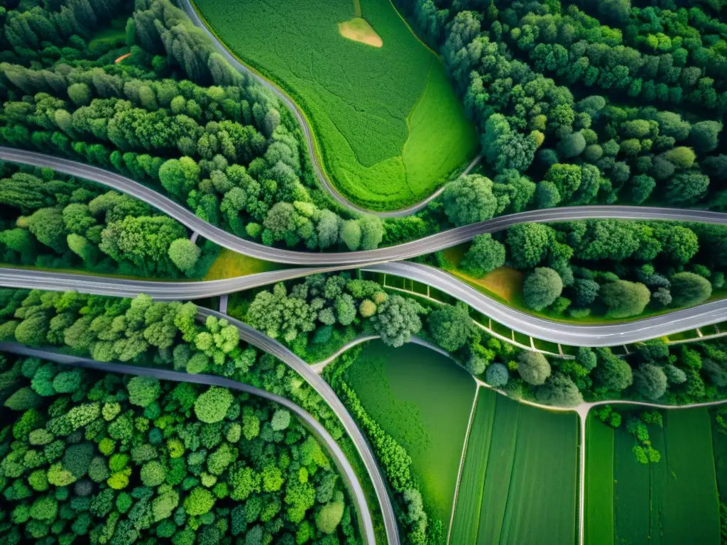 Influencia de autopistas en la biodiversidad: red de autopistas serpenteando entre exuberante paisaje, mostrando impacto en la naturaleza