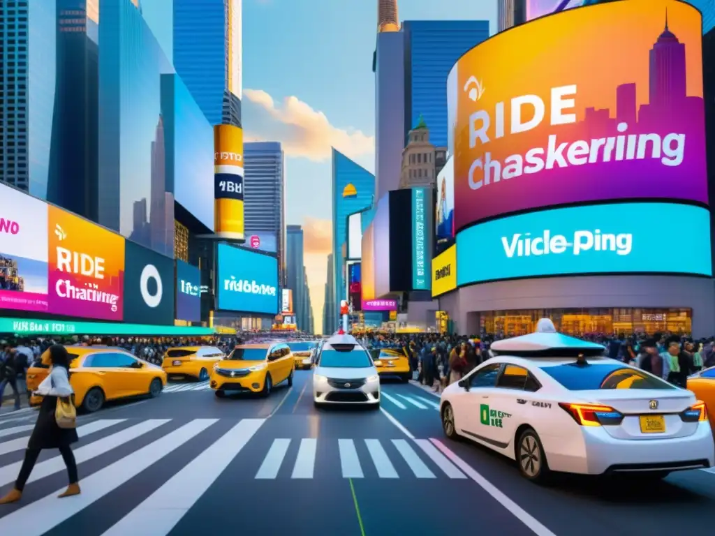 Influencia del ride sharing en la cultura pop: Una bulliciosa calle de la ciudad con personas solicitando vehículos de transporte compartido, rascacielos imponentes y coloridos carteles, capturando la energía y conveniencia del ride sharing en un entorno urbano vibrante