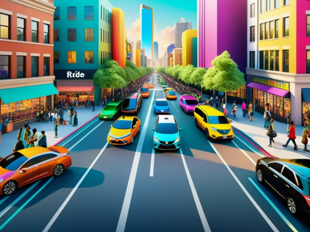 Influencia del ride sharing en la cultura pop: Calle bulliciosa con autos de colores esperando, peatones y músicos, reflejando la vibrante integración del ride sharing en la cultura urbana