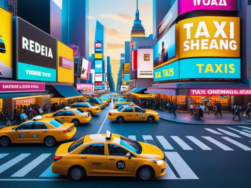 Influencia del ride sharing en la cultura pop: Una calle urbana bulliciosa con taxis tradicionales y vehículos de ride sharing, con llamativos letreros de neón y vallas publicitarias que reflejan películas y música popular, creando un paisaje urbano dinámico y diverso