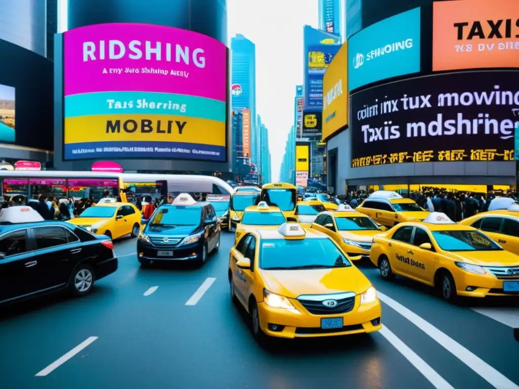 'Influencia del ride sharing en la cultura pop: Escena urbana con taxis y ridesharing en tráfico denso, pasajeros y anuncios digitales