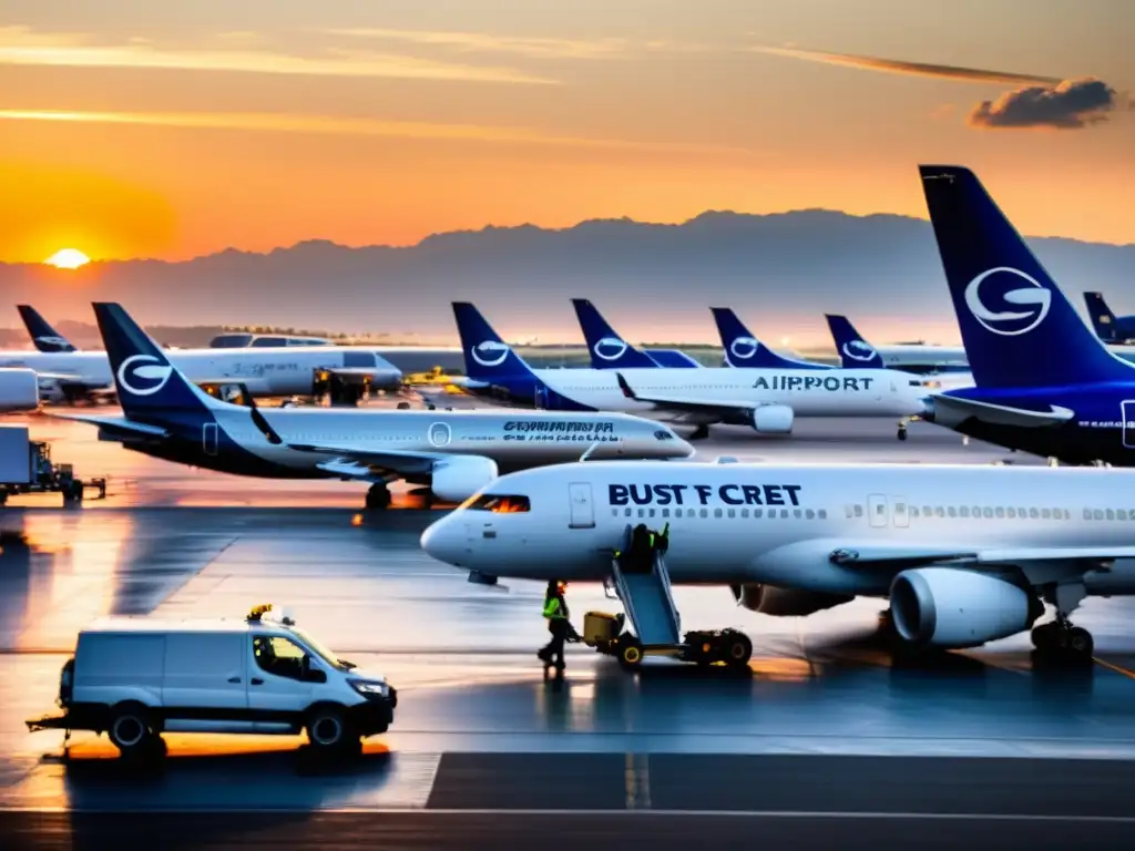 La influencia cultural de la aviación: atardecer vibrante sobre aeropuerto con aviones y personal terrestre