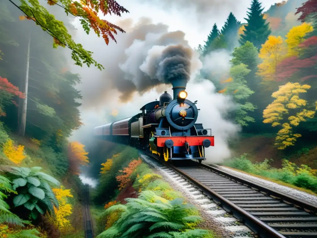 La influencia literaria del tren: Locomotora a vapor desapareciendo en la neblina de un bosque otoñal, evocando nostalgia y misterio