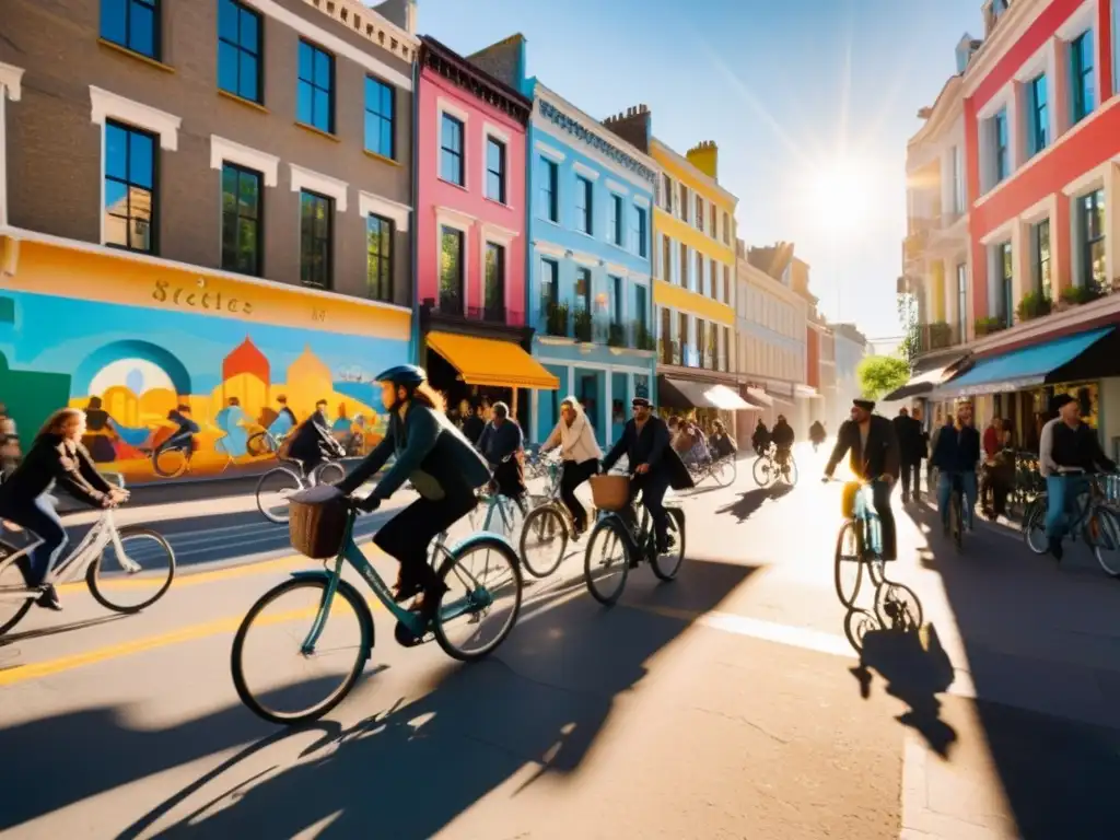 Influencia de sistemas de bicicletas públicas en la diversa cultura urbana: escena de calle bulliciosa con murales vibrantes, arquitectura moderna e histórica, y gente de todas las edades en bicicletas