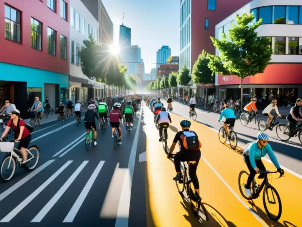 Influencia de sistemas de bicicletas públicas en la cultura urbana: bulliciosa calle llena de ciclistas de todas las edades y trasfondos, pedaleando por carriles exclusivos, rodeados de arte callejero y vida urbana vibrante