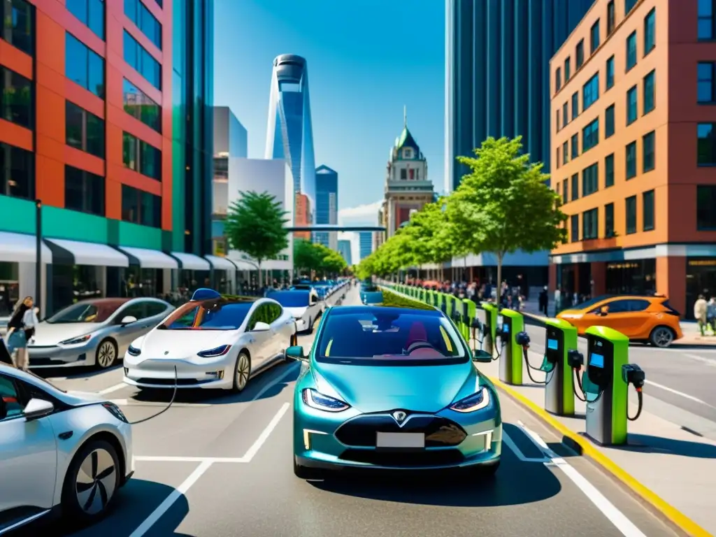 Invertir en Infraestructura de Carga Eléctrica: Una ciudad bulliciosa con estaciones de carga para autos eléctricos integradas en el paisaje urbano