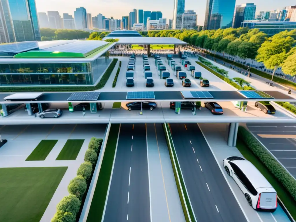 Invertir en Infraestructura de Carga Eléctrica: Vista aérea de una ciudad vibrante con estaciones de carga, autos y ciclistas, bajo un cielo azul brillante