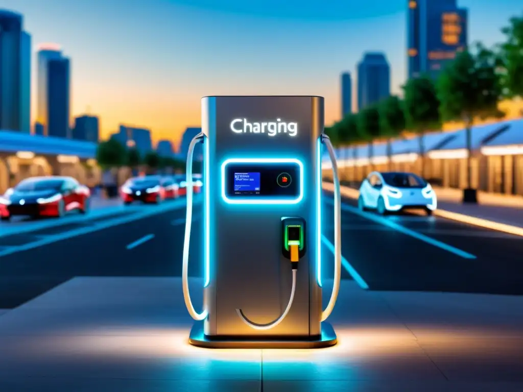 Infraestructura de carga para vehículos eléctricos en una ciudad moderna y dinámica, con estación y vehículos eléctricos de diseño innovador