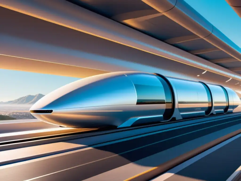 Infraestructura clave del Hyperloop: Pod futurista suspendido sobre vías elevadas, rodeado de tecnología avanzada y bañado en luz ambiental