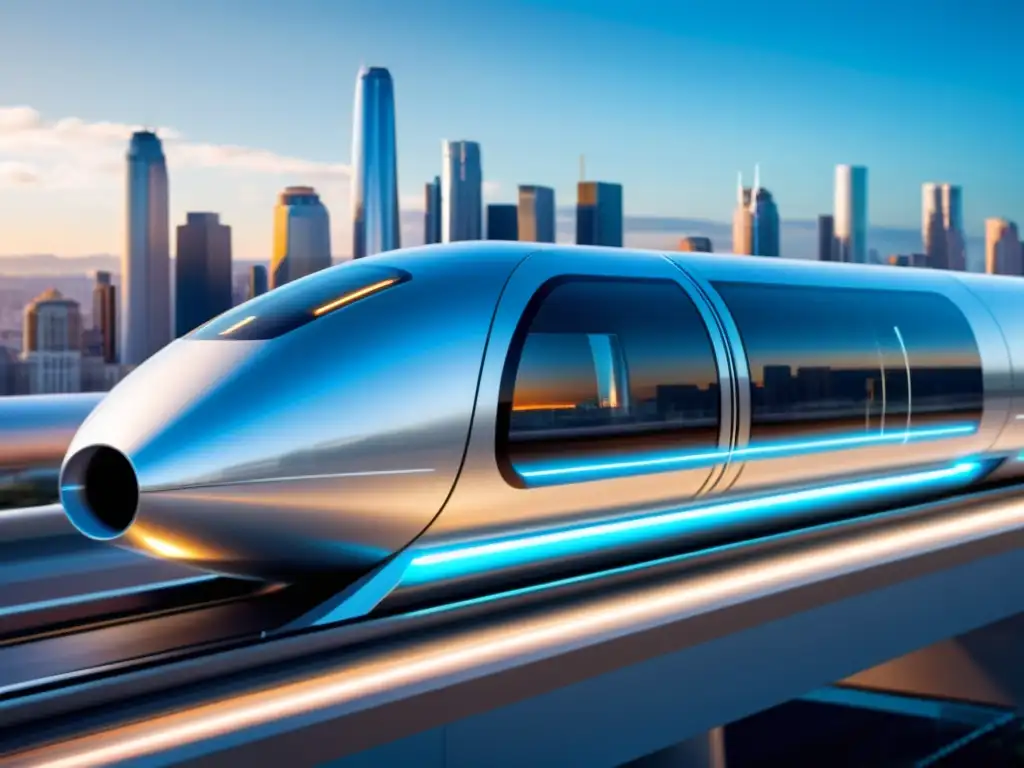 Infraestructura clave del Hyperloop: Un pod futurista y elegante surcando un tubo transparente, con un horizonte urbano de fondo