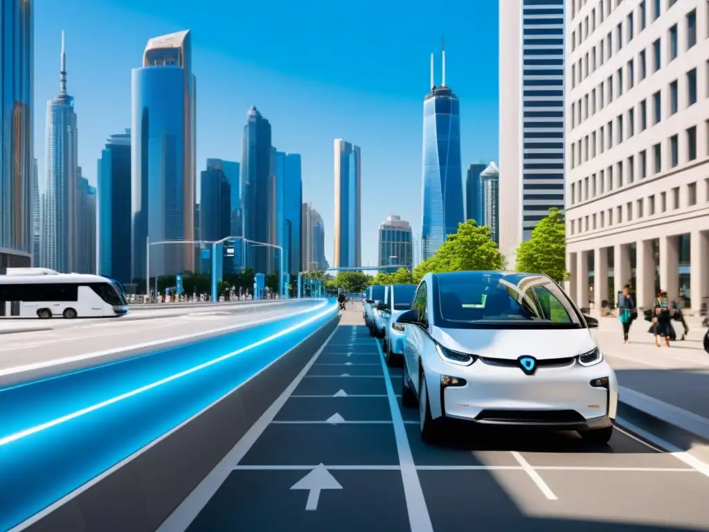 Infraestructura para coches eléctricos en ciudades: Estación de carga con ambiente futurista entre rascacielos y transporte ecoamigable