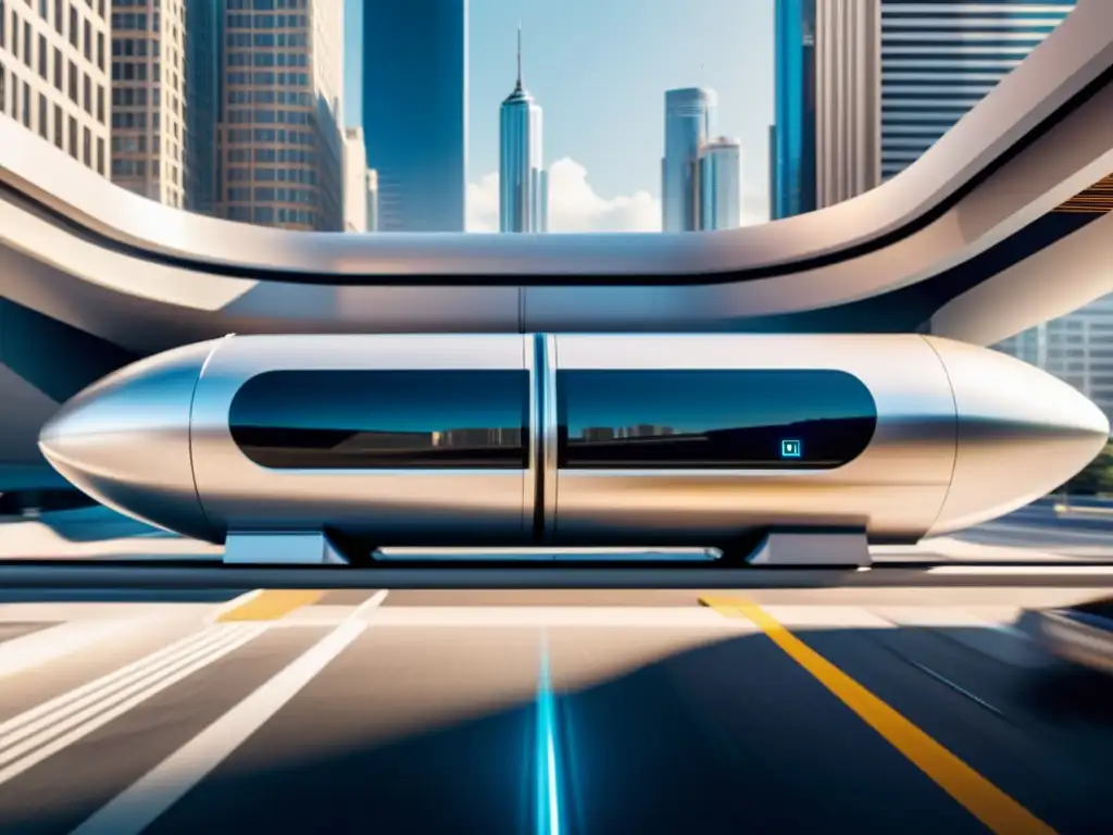 Infraestructura de transporte terrestre del futuro: Futurista hyperloop deslizándose en contraste con la ciudad tradicional