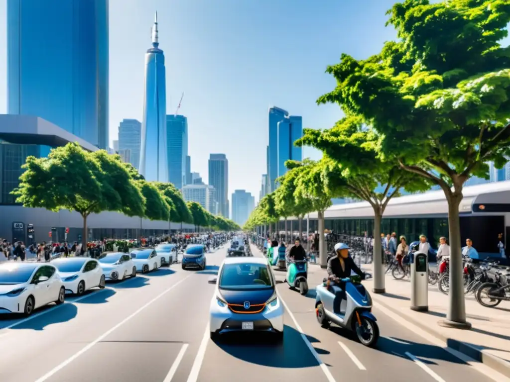 La infraestructura urbana para vehículos eléctricos cobra vida en una bulliciosa calle de la ciudad, llena de energía futurista al atardecer