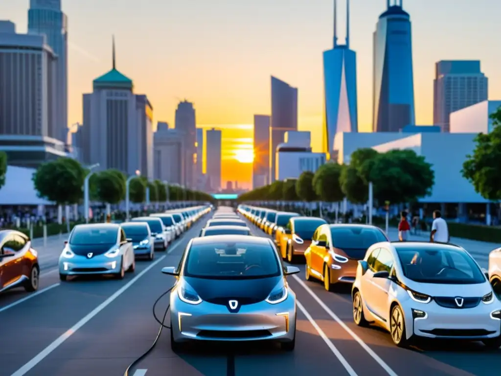 Infraestructura urbana para vehículos eléctricos: Una bulliciosa calle de la ciudad llena de vehículos eléctricos modernos, con estaciones de carga y personas disfrutando de la vida urbana al atardecer