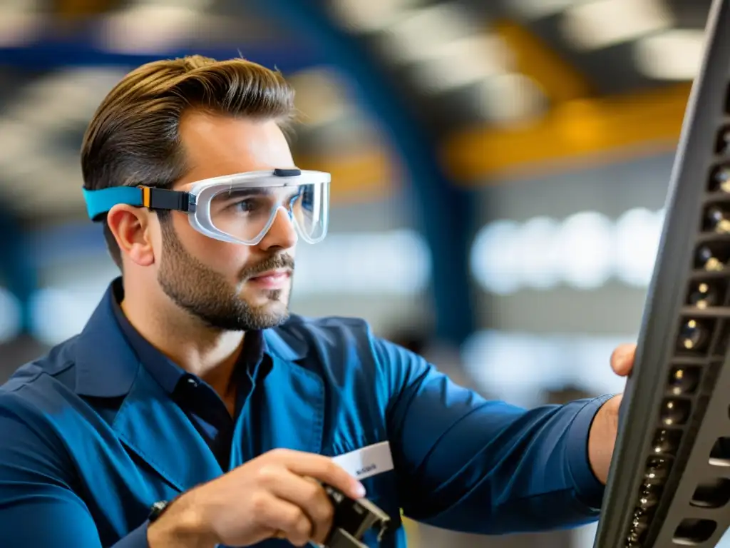 Un ingeniero aeronáutico examina con precisión piezas de aeronaves con herramientas de inspección aeronáutica seguras en un taller profesional