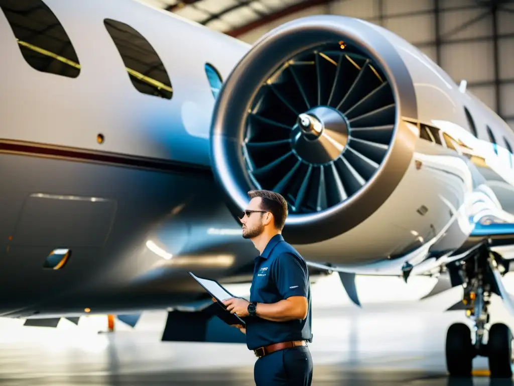 Inspección meticulosa de motor de avión en hangar de vanguardia Un ingeniero de aeronaves inspecciona con precisión los componentes del motor de un jet privado, mostrando la dedicación y la innovación en la historia de los fabricantes de jets privados