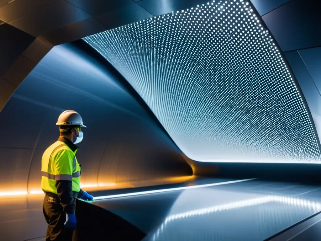 Ingenieros inspeccionando detalladamente panel aerodinámico de fibra de carbono en túnel de viento, destacando la precisión en la optimización del flujo de aire y materiales aerodinámicos