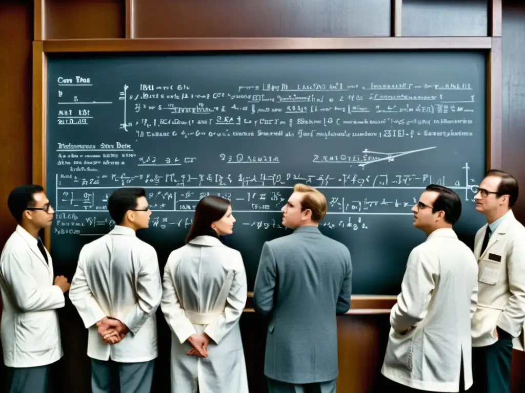 Ingenieros pioneros en la carrera espacial concentrados en complejas ecuaciones y diagramas en una atmósfera de colaboración e intensa dedicación