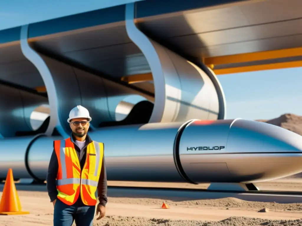 Ingenieros construyendo una pista de Hyperloop con innovaciones tecnológicas en transporte, mostrando avances futuristas de alta velocidad