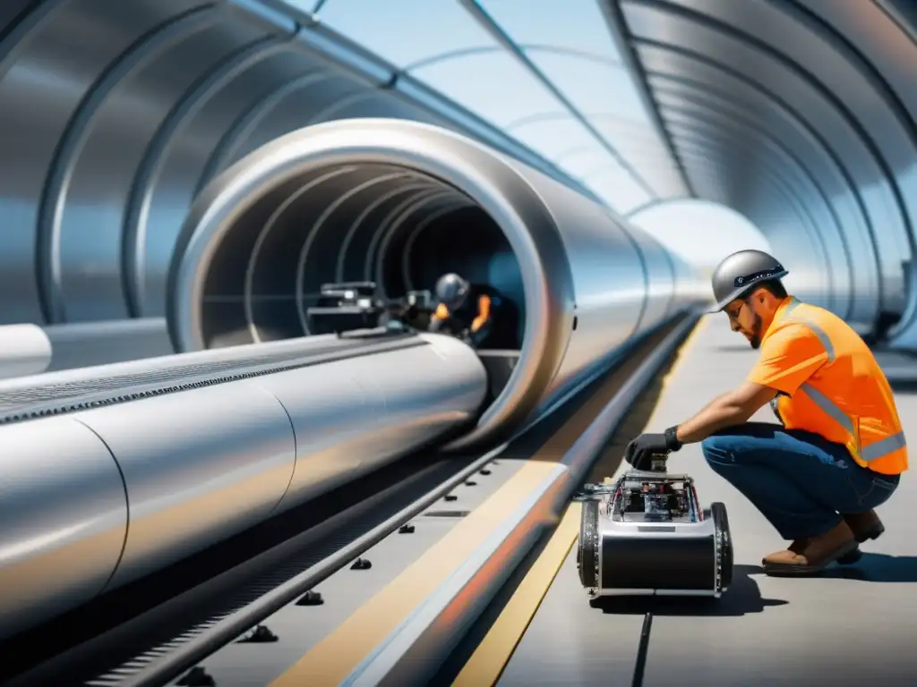 Ingenieros supervisan robots de mantenimiento IA inspeccionando un Hyperloop, destacando la IA en operación y mantenimiento Hyperloop