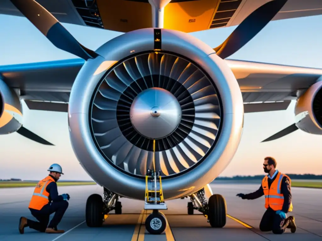 Ingenieros instalan un sistema de propulsión eléctrica de vanguardia en una aeronave moderna, destacando innovaciones eficiencia energética aeronaves