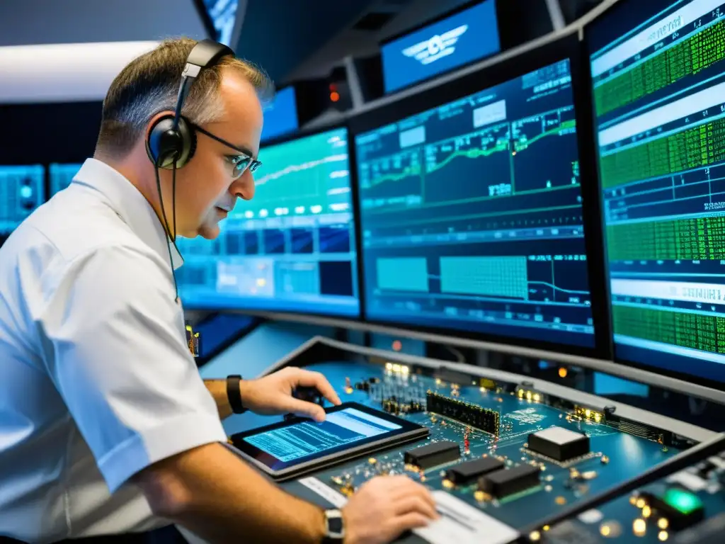 Ingenieros y técnicos trabajan en el desarrollo de sistemas de control de vuelo avanzados en instalación aeroespacial de vanguardia