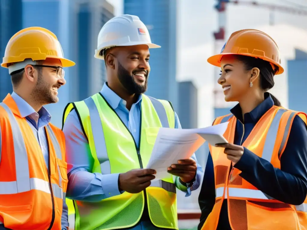 Ingenieros de transportes con diversidad en edad, género y etnia, discuten planos en la calle