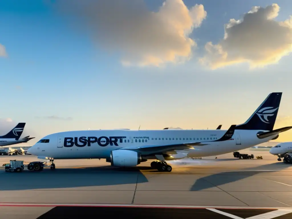 Ingenieros visionarios desarrollan medios de transporte en un bullicioso tarmac de aeropuerto, con aviones de distintos tamaños y colores