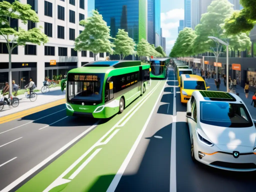 Iniciativas de transporte sostenible innovadoras: Calle urbana bulliciosa con autobuses eléctricos, ciclistas y peatones, edificios verdes y áreas de carga para vehículos eléctricos