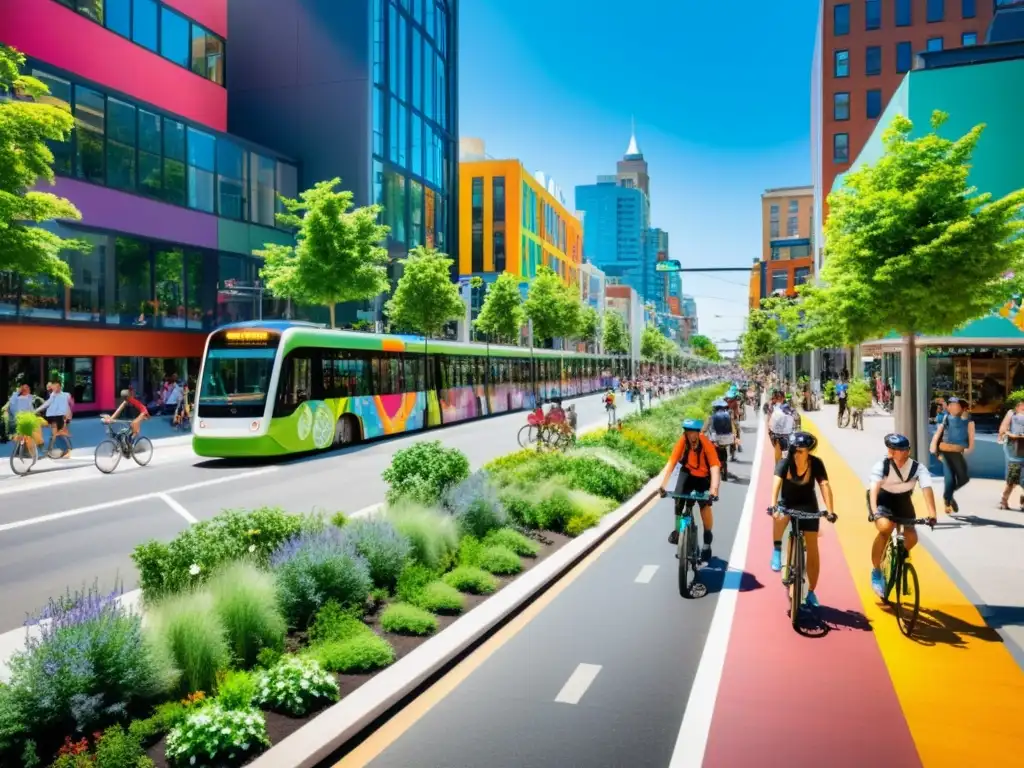 Iniciativas de transporte sostenible innovadoras en una calle urbana vibrante con ciclistas, peatones y transporte público energéticamente eficiente integrado en el paisaje, reflejando la armoniosa convivencia entre personas y opciones de tránsito ecológicas