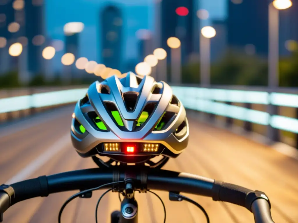 Innovaciones en accesorios wearables ciclistas: casco con luces LED, cámara trasera y visor heads-up, junto a un teléfono mostrando una ruta ciclista