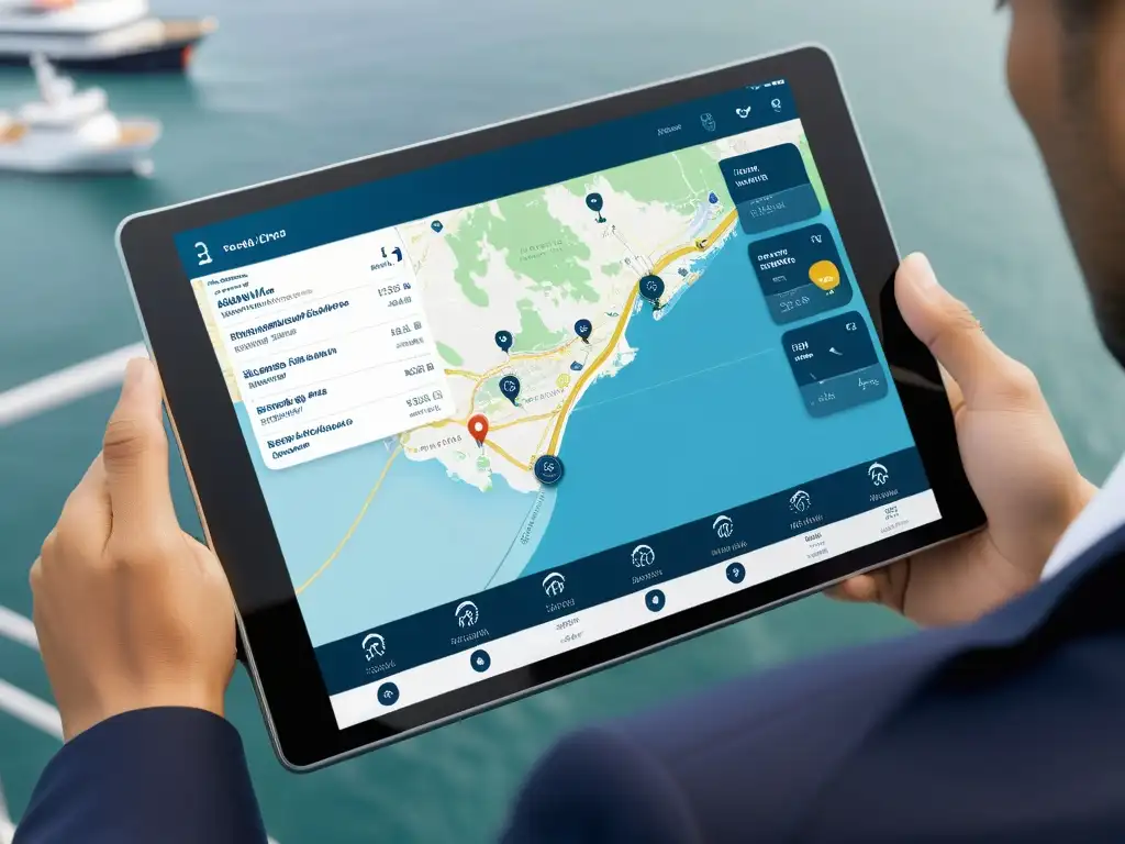 Innovaciones en aplicaciones de navegación marítima: una app de navegación marítima de última generación en una tableta, mostrando un mapa detallado con posiciones de barcos en tiempo real, condiciones climáticas y datos de navegación