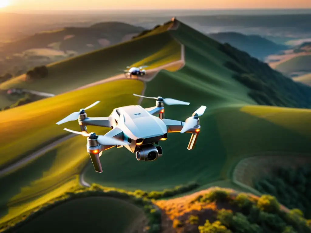 Innovaciones en autonomía de drones: Un drone de alta tecnología surca el cielo al atardecer, fusionando innovación y naturaleza