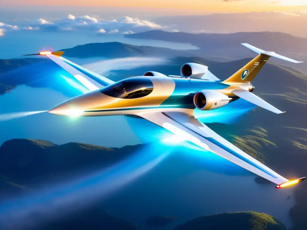 Innovaciones en la aviación para reducir emisiones de carbono: un avión futurista vuela con una estela de luz verde y azul en un atardecer dorado