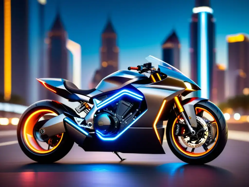 Innovaciones en diseño de motocicletas para la nueva era: futurista y detallada motocicleta en ciudad tecnológica con luces de neón y rascacielos