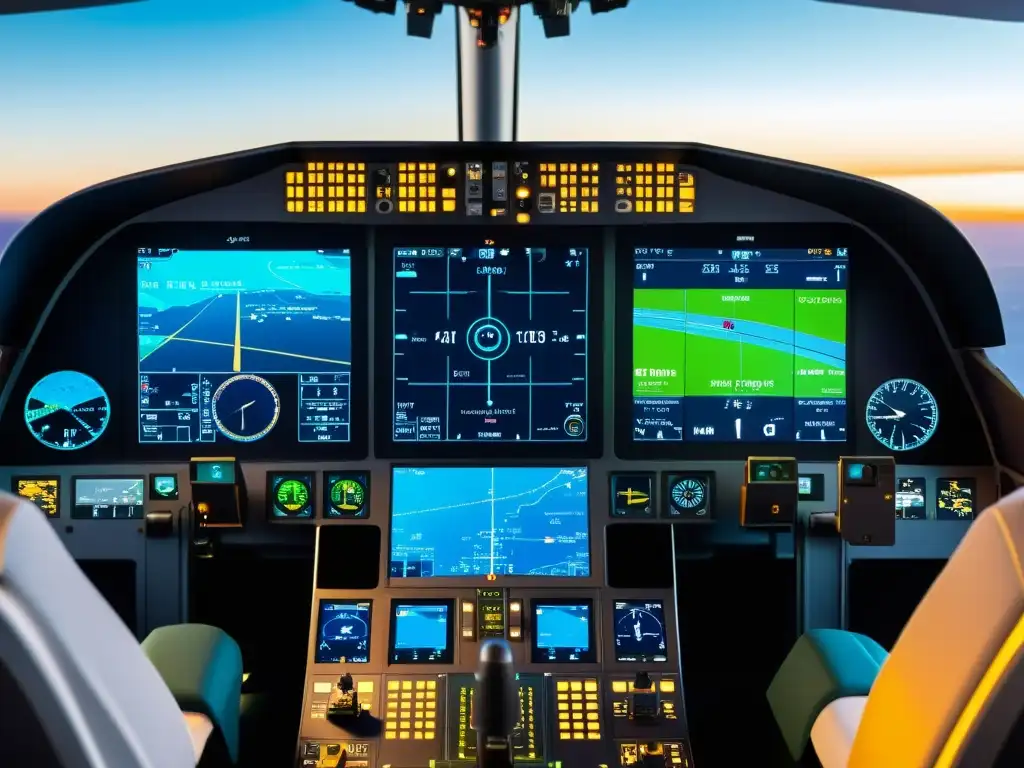 Innovaciones en herramientas de aviación: Detalle de una cabina de avión con avanzados sistemas de navegación y control de vuelo, mostrando interfaces digitales detalladas y mapas de alta resolución