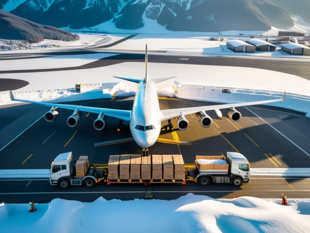 Innovaciones logística aérea frío: Avión de carga refrigerado cargado con productos frescos, rodeado de montañas nevadas al amanecer