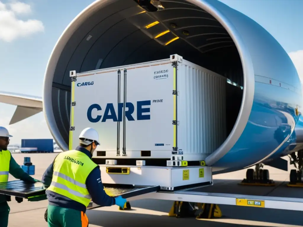 Innovaciones logística aérea frío: Avión de carga cargado con contenedores de temperatura controlada, trabajadores cuidadosos y organización meticulosa