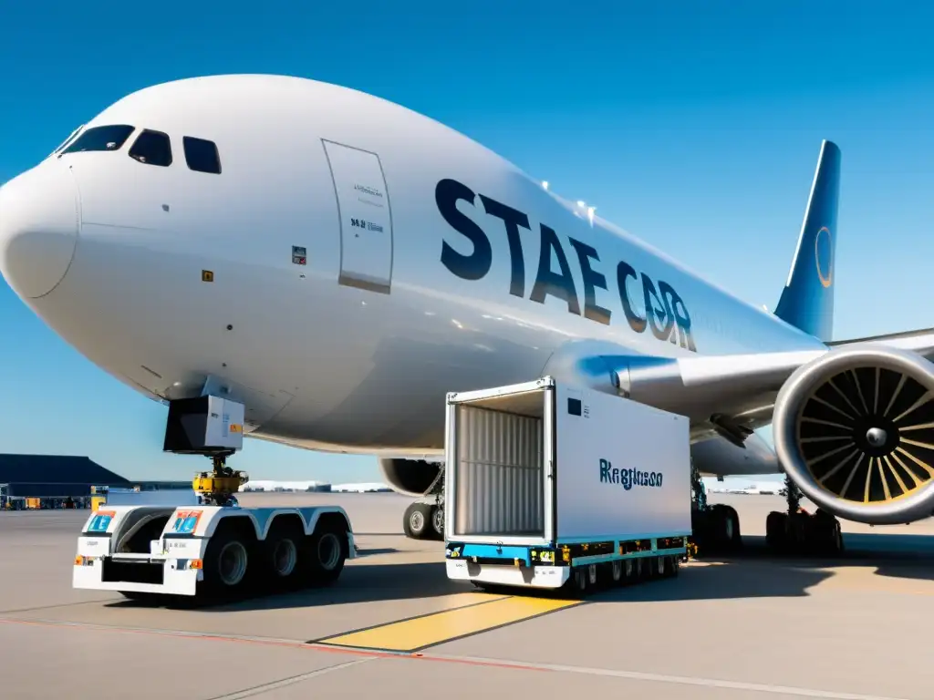 Innovaciones logística aérea frío: contenedor refrigerado de alta tecnología cargado en avión moderno, con personal especializado en aeropuerto activo