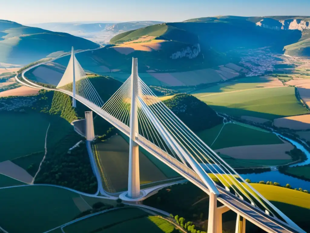 Innovaciones en puentes desafían gravedad: Fotografía detallada del Viaducto de Millau en Francia, destacando su elegante diseño y belleza natural al atardecer