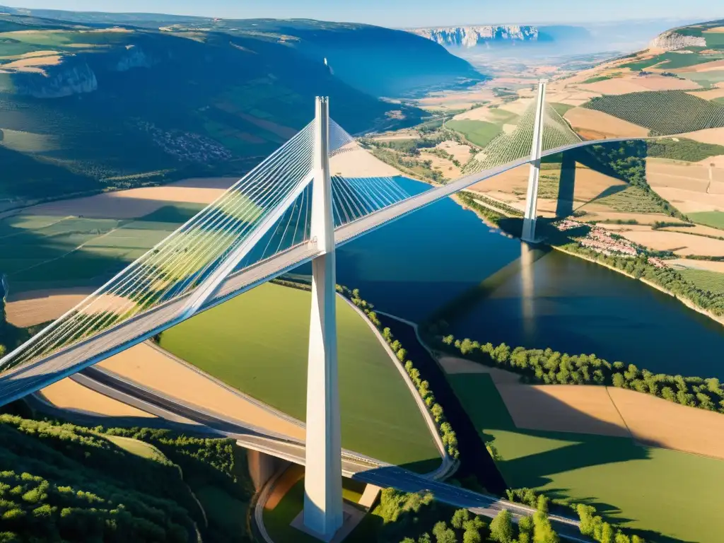 Innovaciones en puentes y túneles: Vista aérea impresionante del Viaducto de Millau en Francia, con su diseño de cables imponente y el valle del Tarn debajo, bañado por la luz matutina