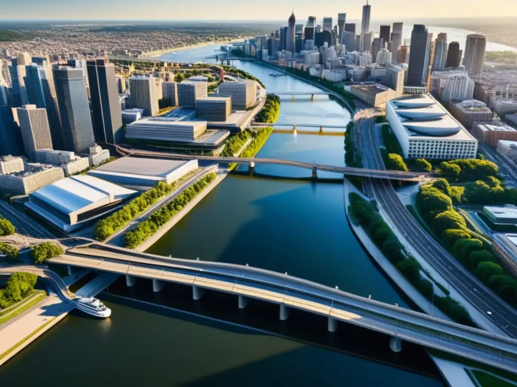 Innovaciones en puentes y túneles: Una vista panorámica de un paisaje urbano moderno con una red de puentes y túneles integrados en la ciudad